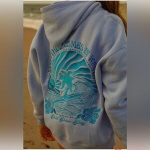 Pink Palm puff "Everything Comes in Waves” Hoodie in Blue